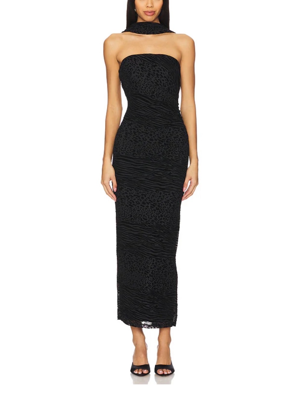 Runaway The Label Alessi Black Reverse Halter Scarf Neck Wrap Midi Zebra Dress